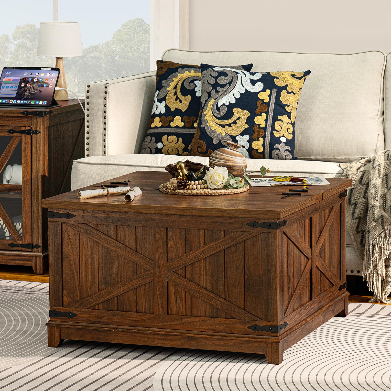 Farmhouse Coffee Table with Large Hidden Storage Compartment, Navy Blue Square Center Table, Wood Rustic Low Modern Living Room Tables with Hinged Lift Brown Top & Wooden Arc Base