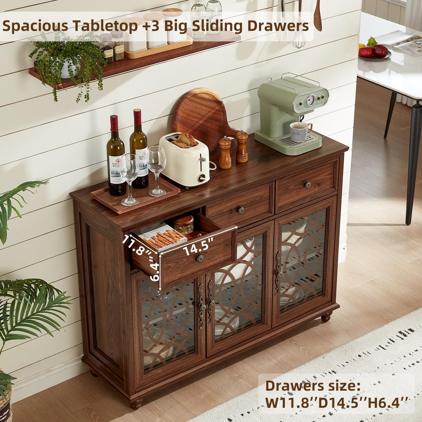 Farmhouse sideboard buffet cabinet in dark wood with sliding doors and open cubby shelves