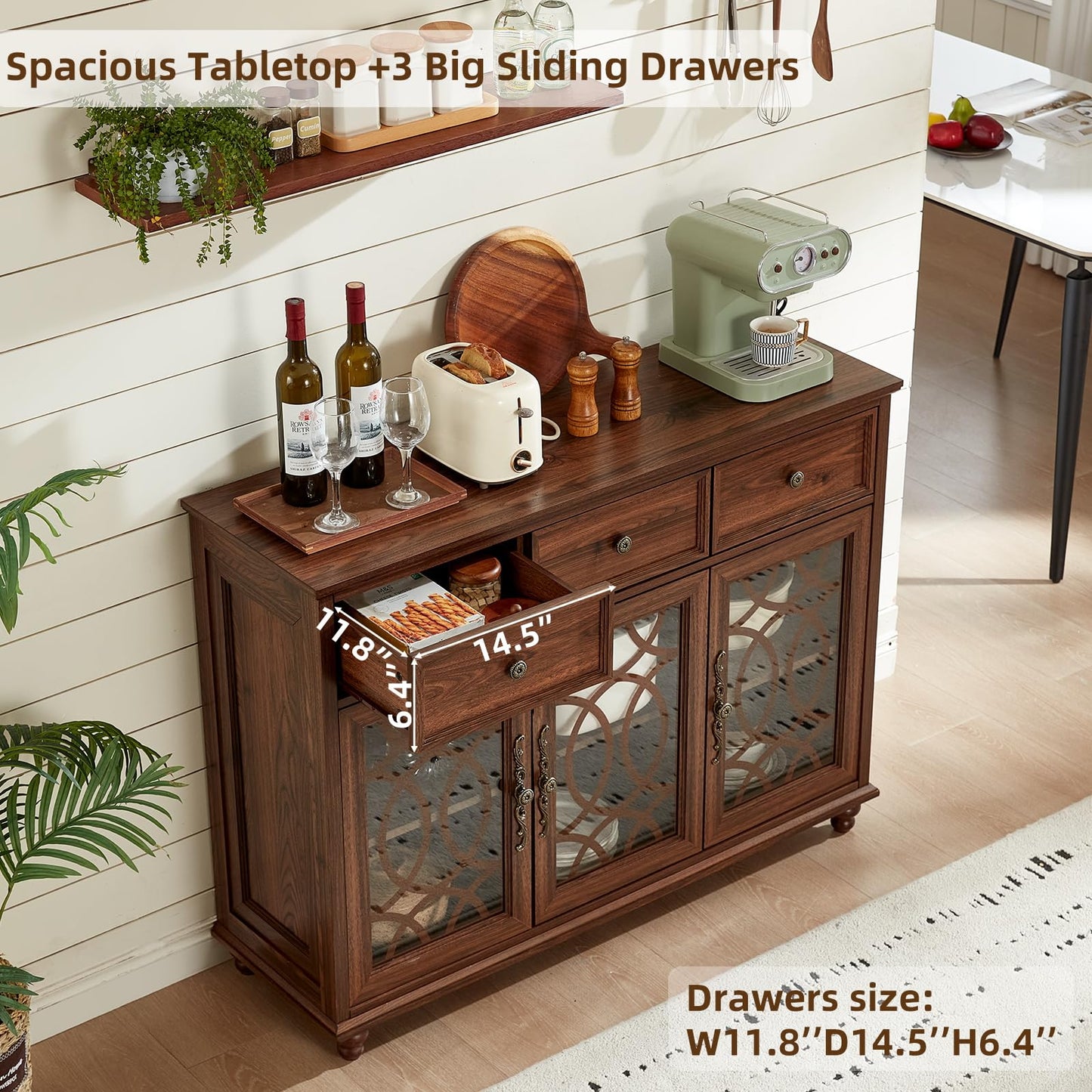 Farmhouse sideboard buffet cabinet in dark wood with sliding doors and open cubby shelves