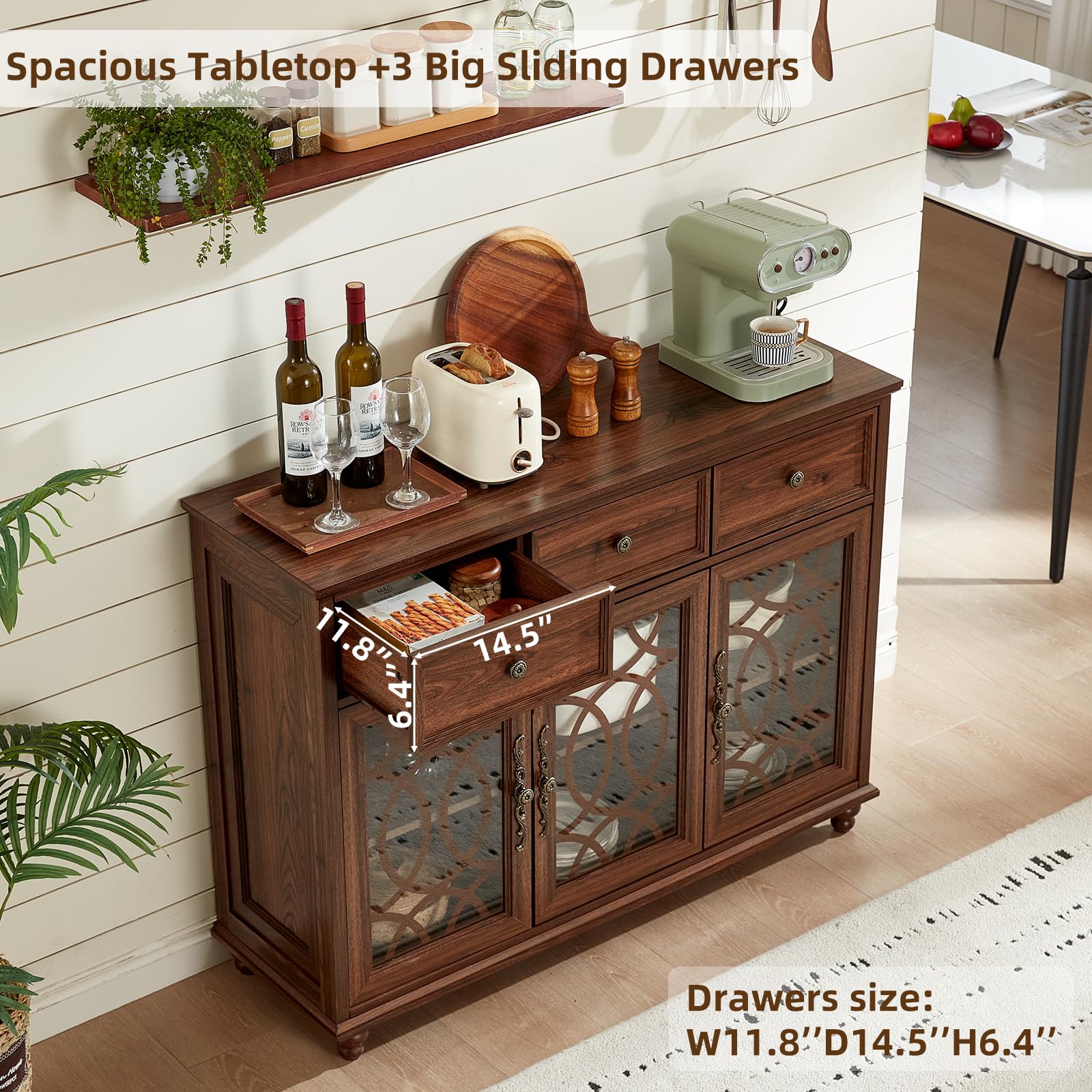 Dark wood sideboard buffet cabinet with sliding drawers and glass door compartments