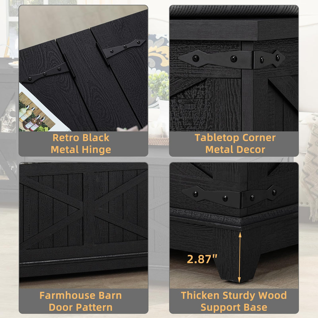 Black barn-door cabinet panel with metal hinges and farmhouse door pattern