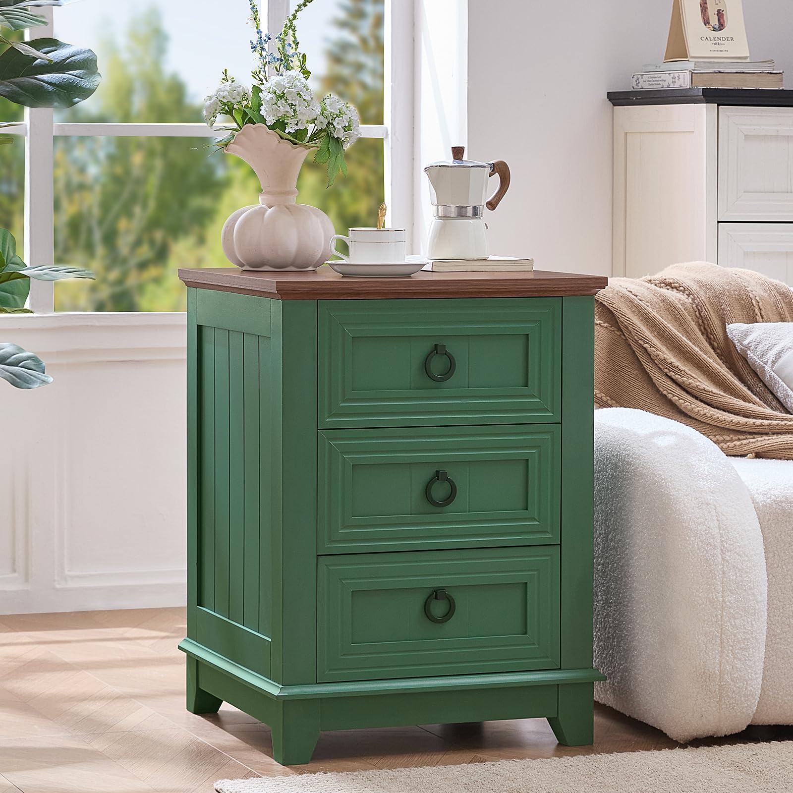 Green farmhouse nightstand cabinet with 3 drawers and metal ring pulls