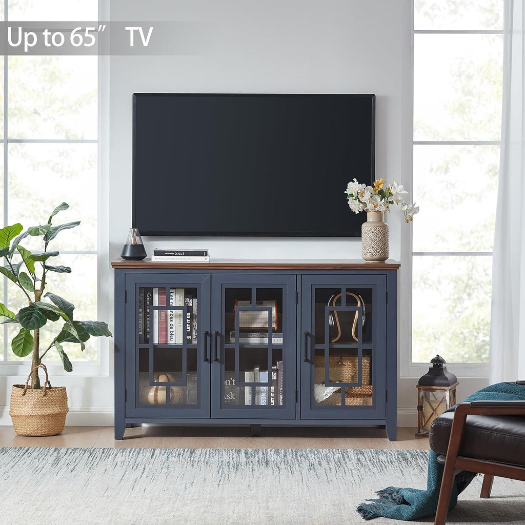 Navy sideboard cabinet with glass doors and wooden top, TV-ready console style