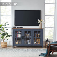 Navy sideboard cabinet with glass doors and wooden top, TV-ready console style