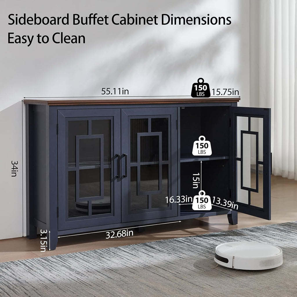 Navy buffet sideboard cabinet with three glass-pane doors and built-in shelves