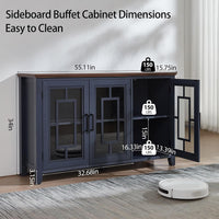 Navy buffet sideboard cabinet with three glass-pane doors and built-in shelves