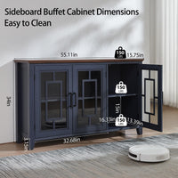 Dark blue buffet sideboard cabinet with double glass doors and adjustable shelf space