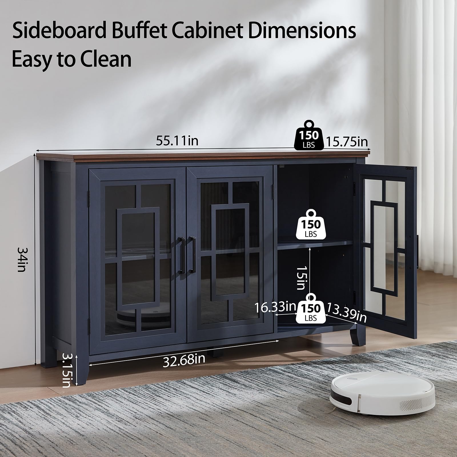 Sideboard buffet cabinet in dark blue with two glass doors and adjustable storage shelves