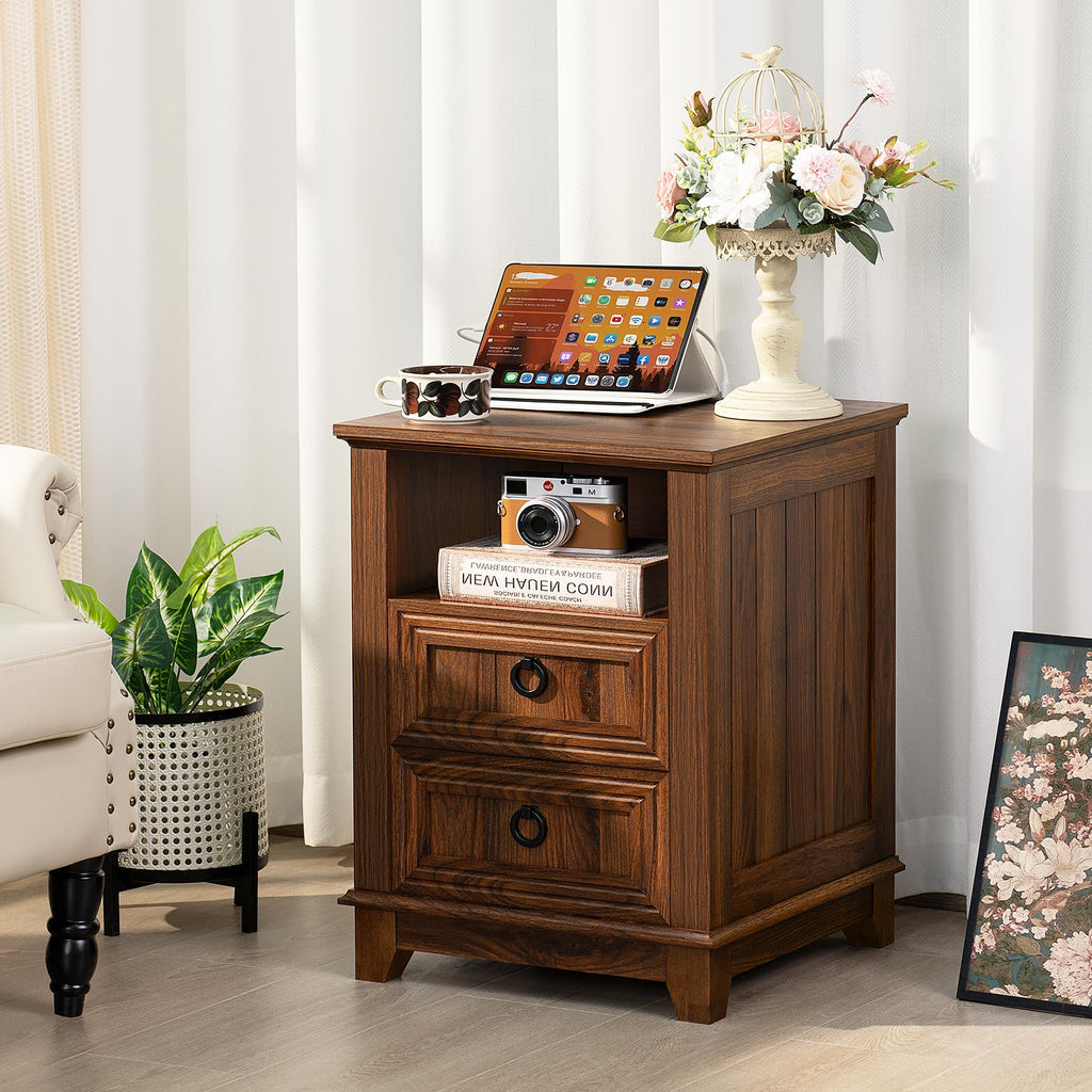 Brown farmhouse nightstand with top surface storage and two drawers