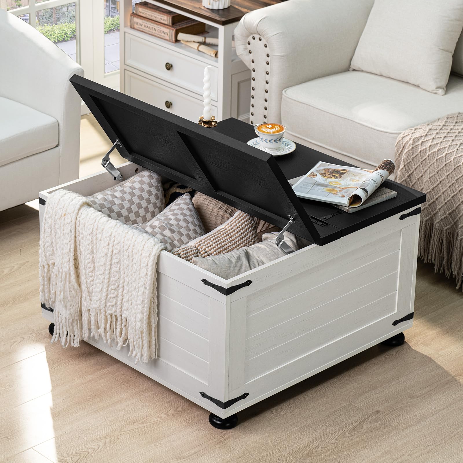 Square coffee table with hinged lift lid open, showing storage with dark underside
