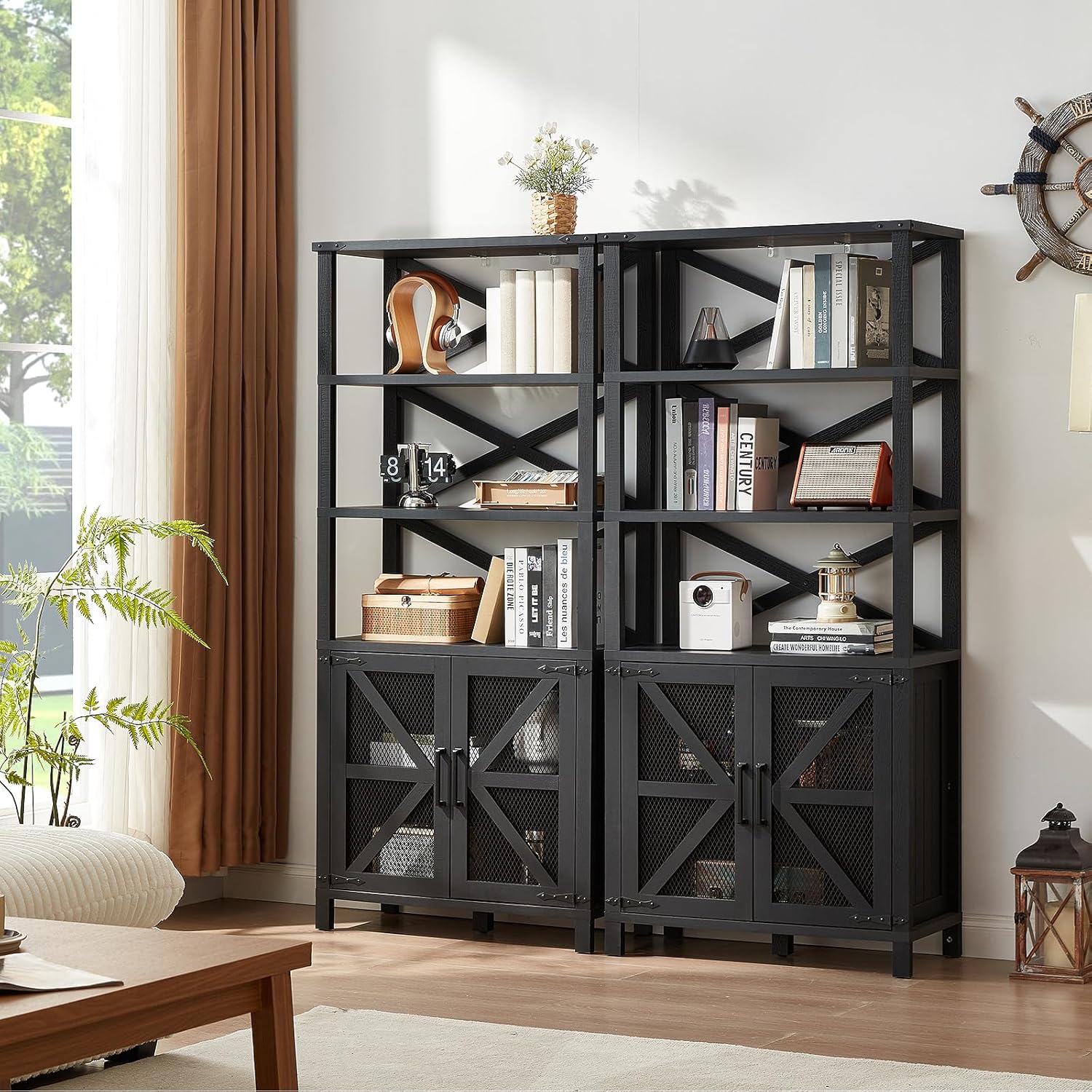 72in Tall Bookshelf 7 Tier Bookcase with Drawer and Barn Doors and Adjustable Shelves, Black Farmhouse Book Shelf with Storage Cabinet, Wood Freestanding Display Bookshelves for Living Room