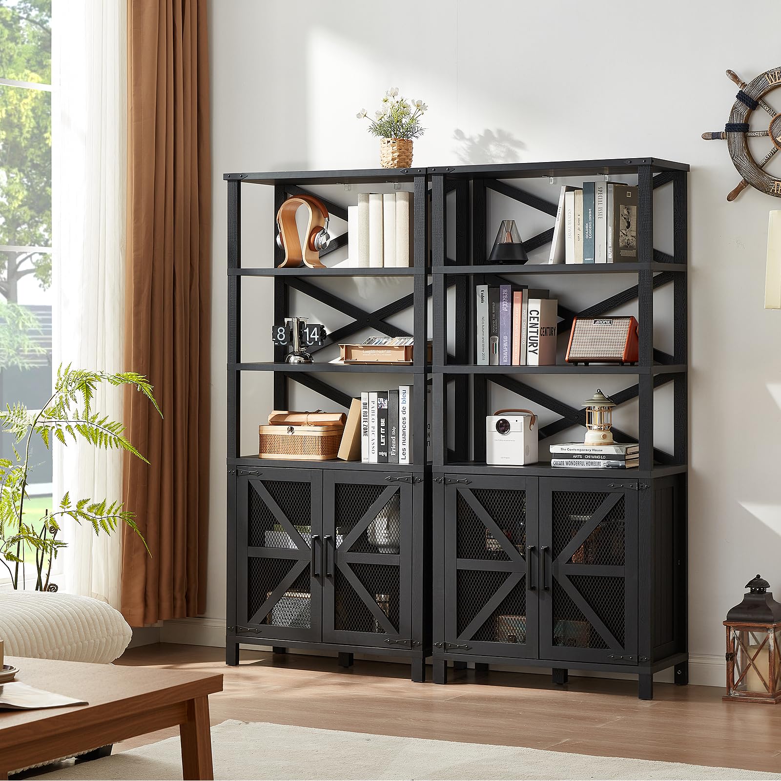72in Tall Bookshelf 7 Tier Bookcase with Drawer and Barn Doors and Adjustable Shelves, Black Farmhouse Book Shelf with Storage Cabinet, Wood Freestanding Display Bookshelves for Living Room