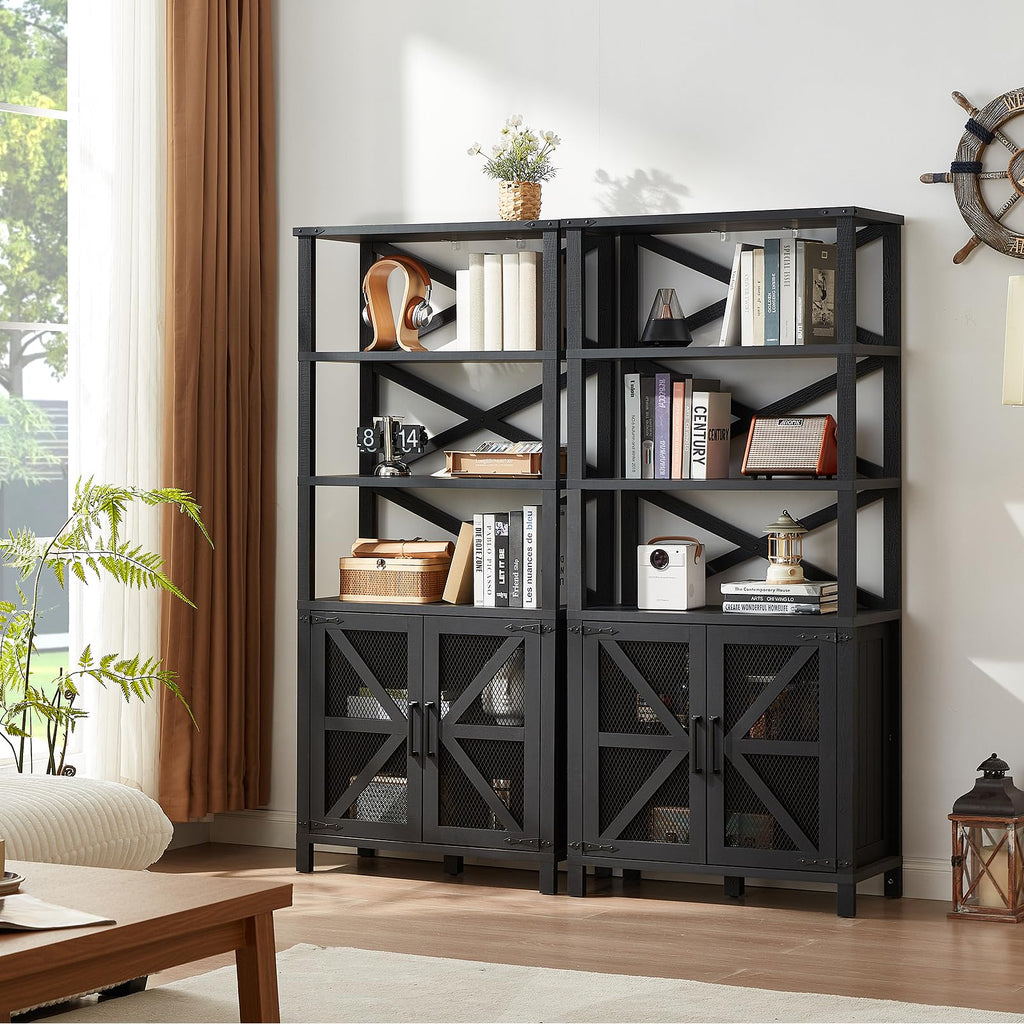 Dark blue bookcase with open shelves, X-mesh barn-door cabinet doors, and drawers