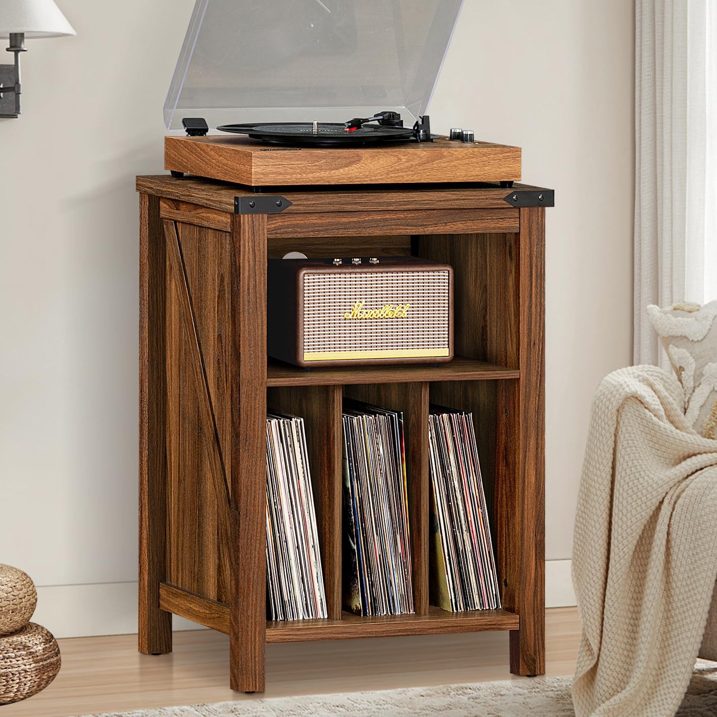 Brown record player stand with wood top and open cabinet for vinyl records
