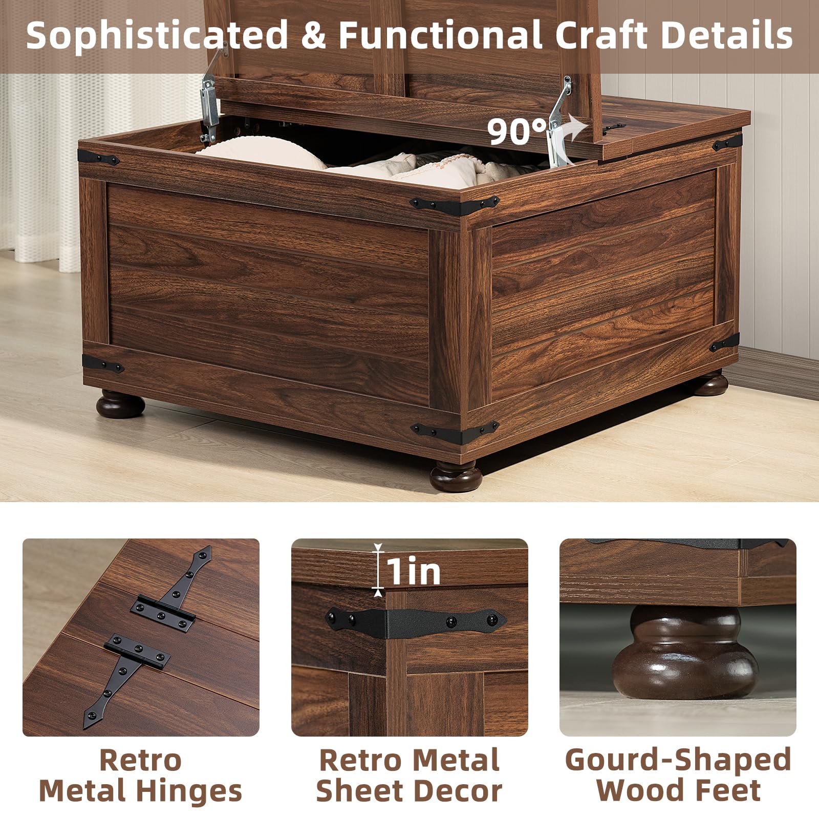 Lift-top coffee table close-up: retro metal hinges, wood-grain sides, round wood feet