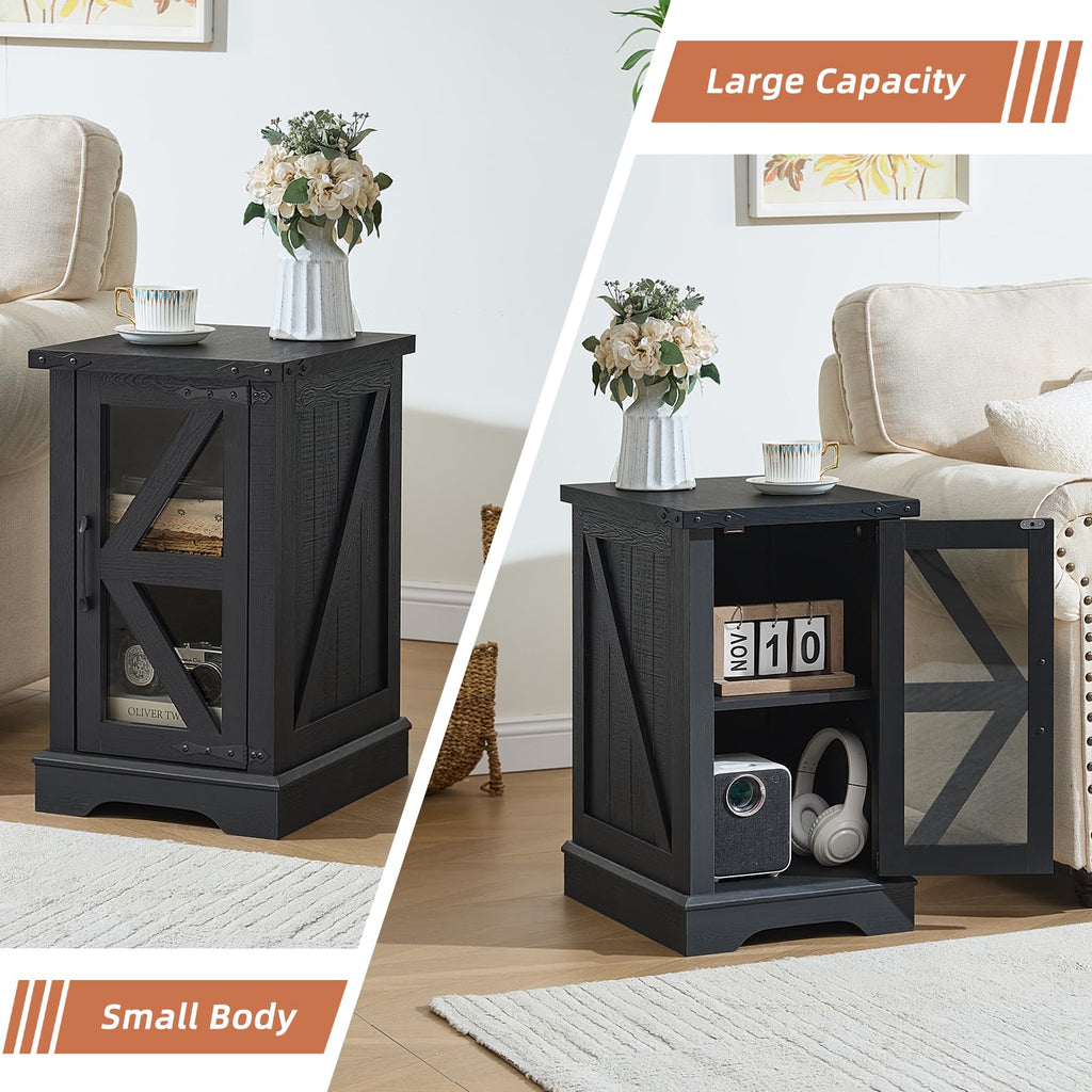 Black farmhouse side table with lift-top and hidden storage, shown from two angles