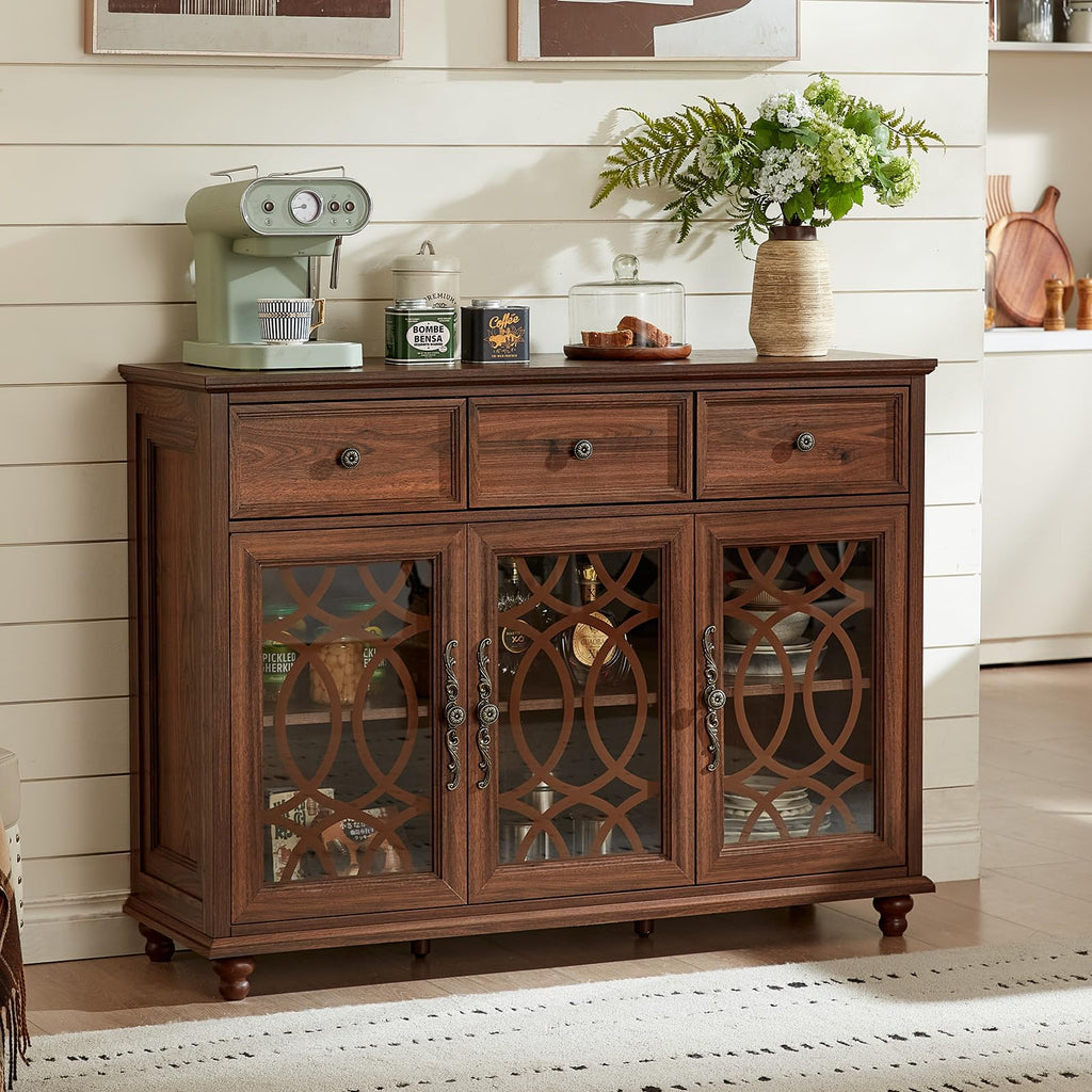 Brown sideboard buffet cabinet with three glass doors and drawer storage