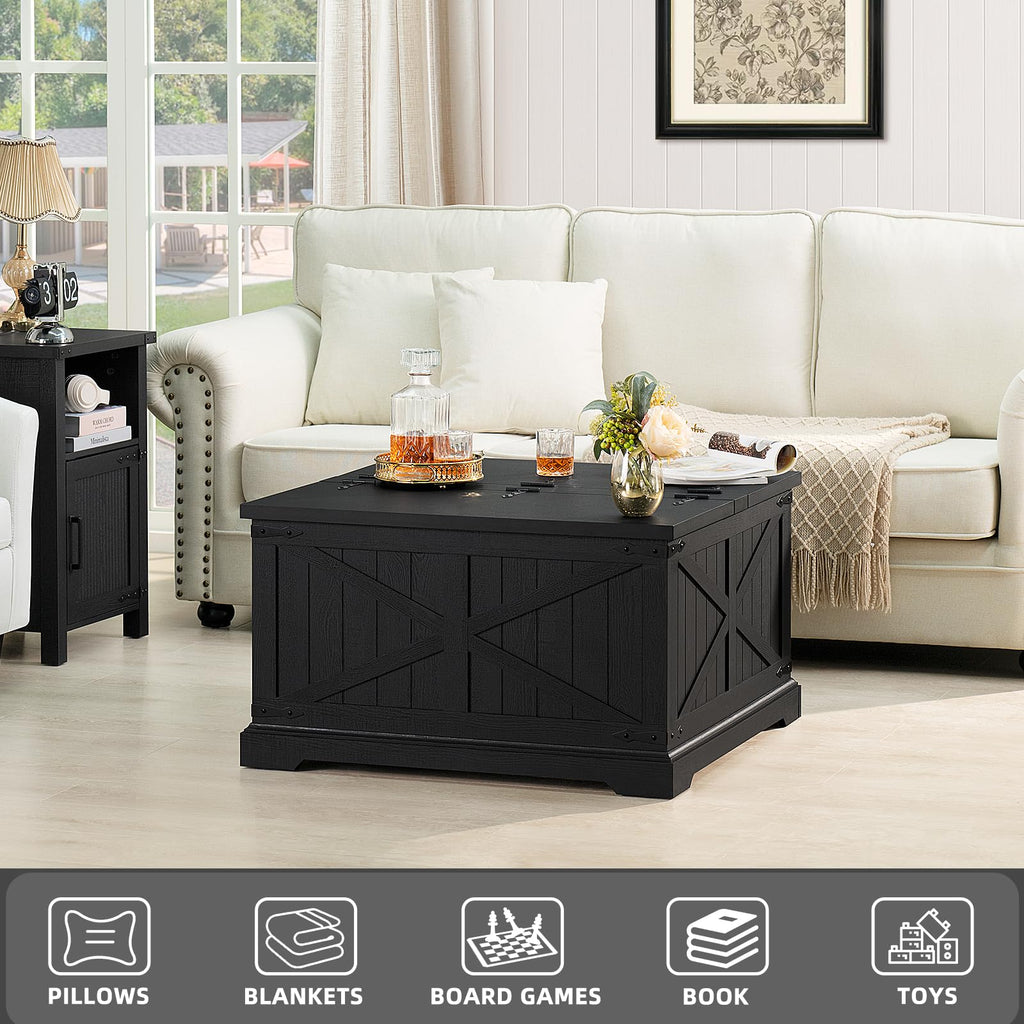 Square coffee table with lift lid, black finish, storage design for pillows and blankets