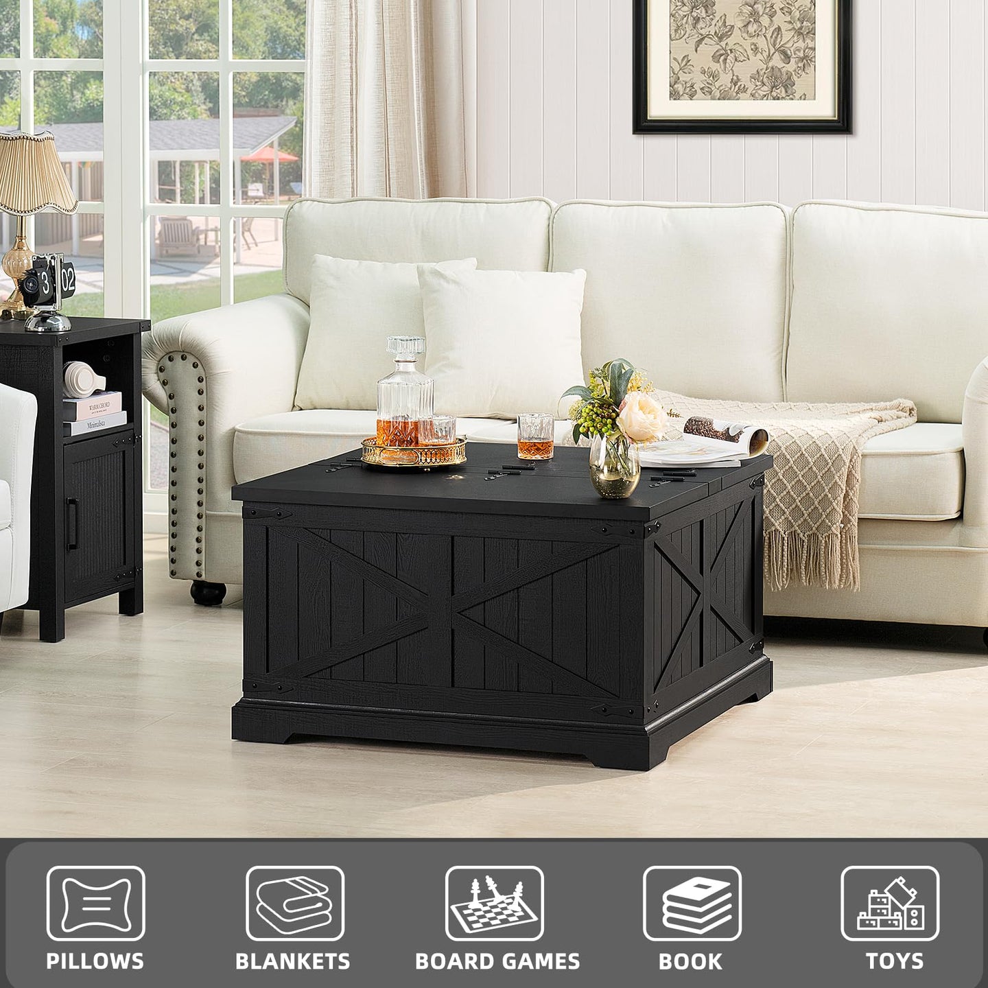 Black square coffee table with flip-top lid for hidden storage