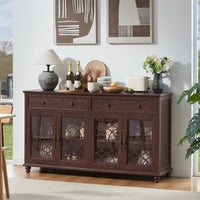 Dark brown farmhouse sideboard cabinet with three arched glass doors and decorative side pulls