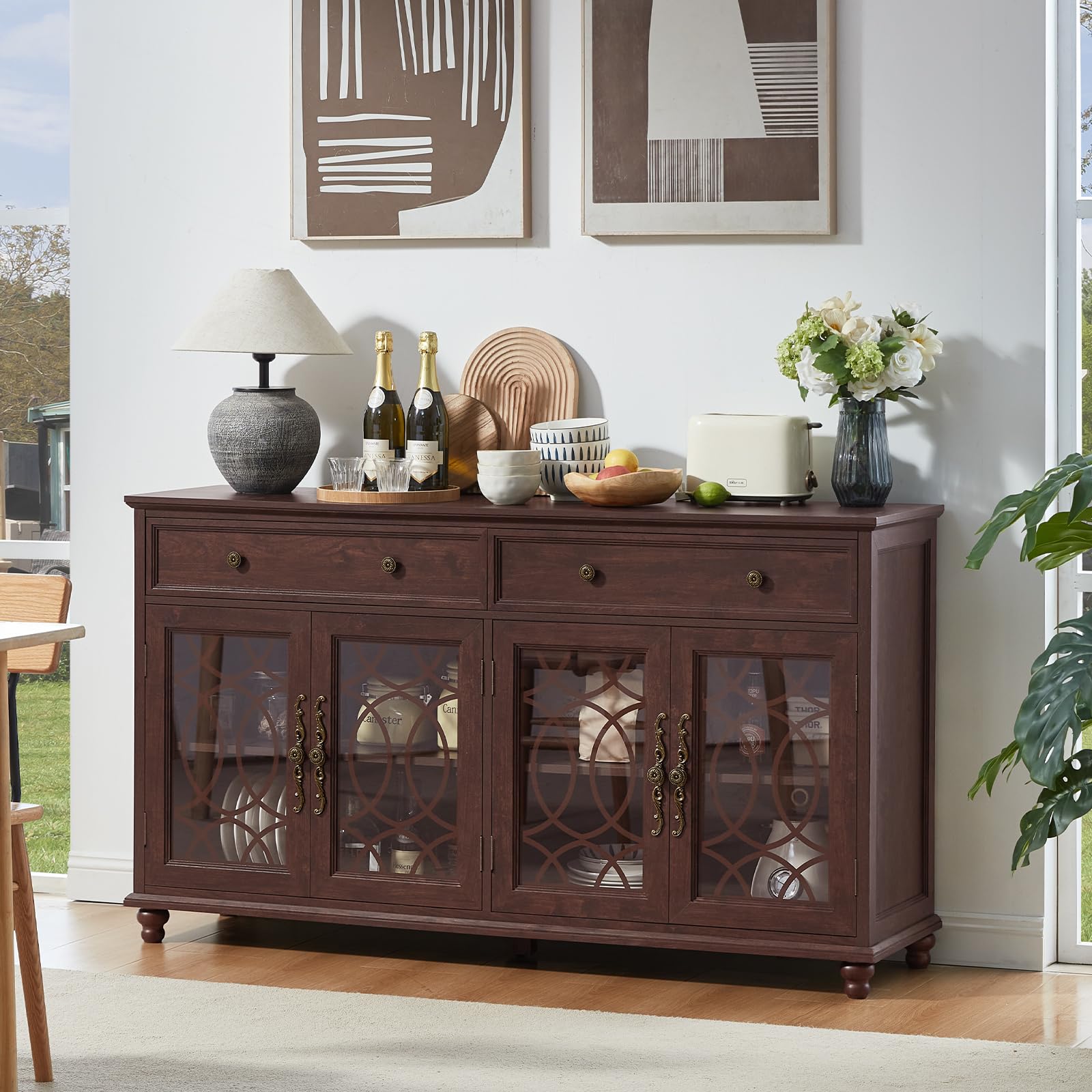 Farmhouse sideboard buffet cabinet in dark brown wood with glass-door storage