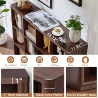 Wooden cube storage shelf corner view with curved tabletop edge and open cubby storage.