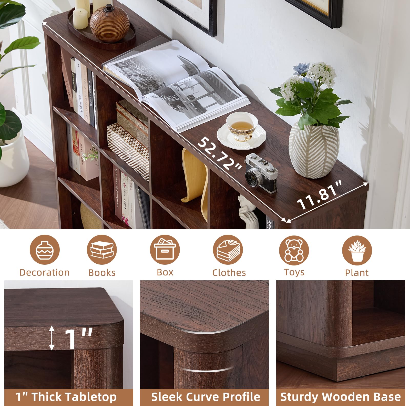 Wooden cube storage shelf corner view with curved tabletop edge and open cubby storage.