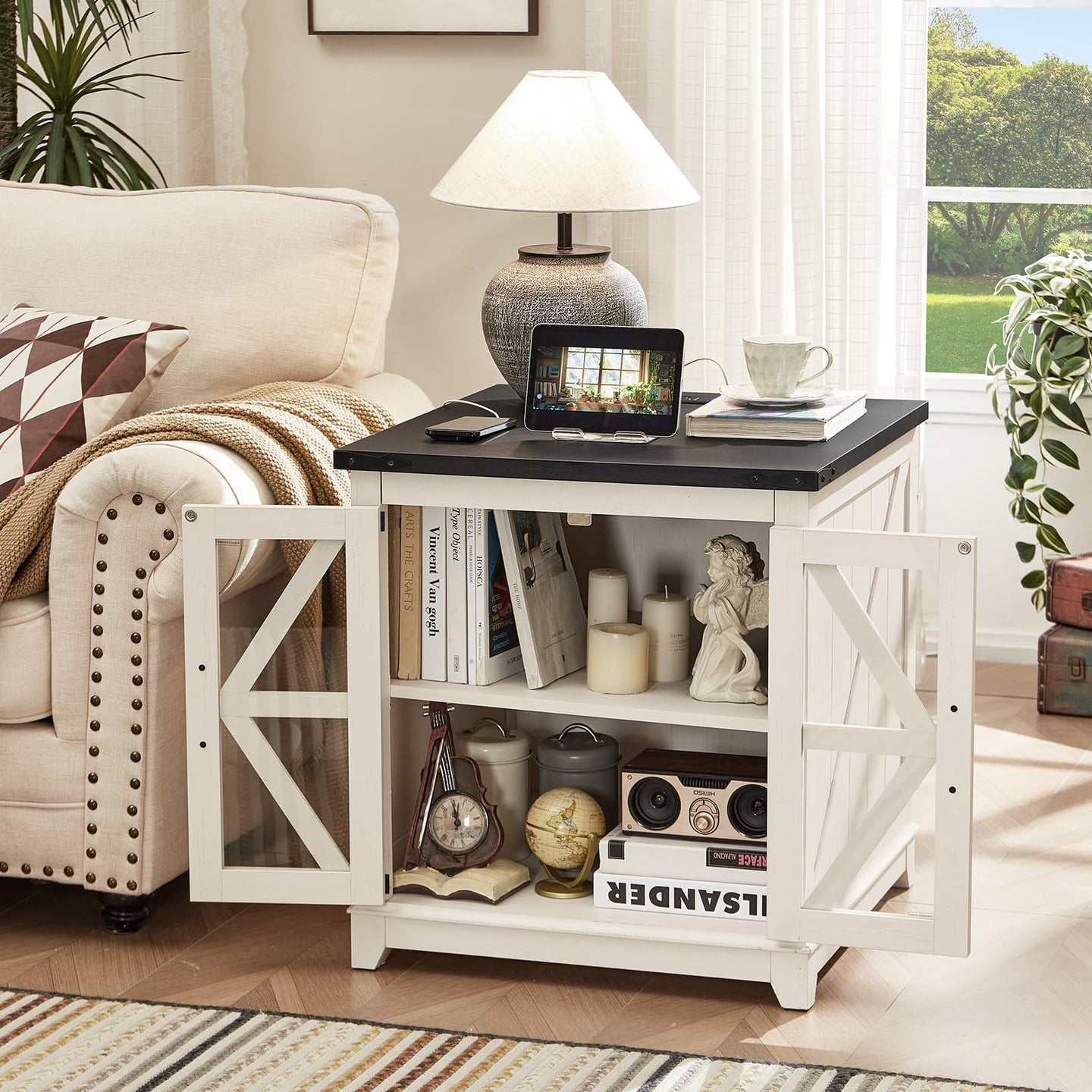 White coffee table with open hidden storage compartment and lift-top panel