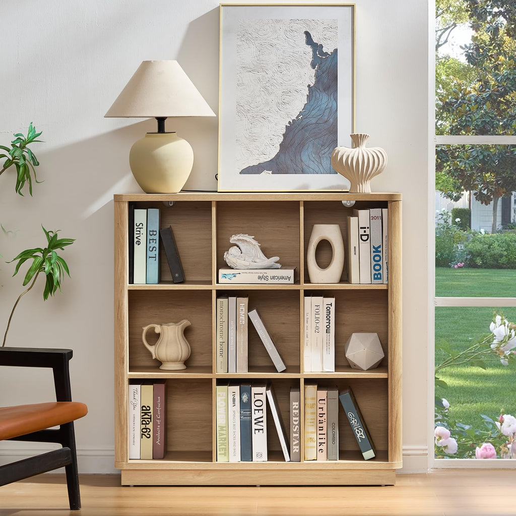Oak-finish cube storage book shelf with curved top edge and open book cubbies