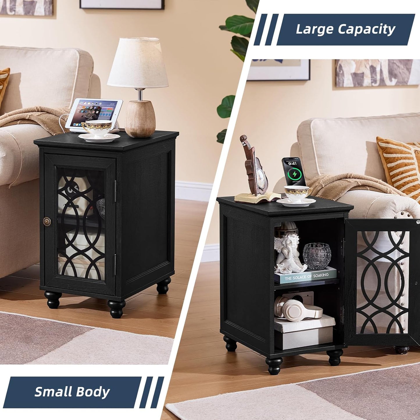 Narrow Side Table with Charging Station, Night Stand with Glass Door, Bedside End Tables with Adjustable Shelf Storage Cabinet,Wood Nightstand for Small Spaces Living Room Bedroom
