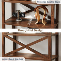 Brown wood bookcase cross-brace frame with sturdy tabletop and open shelf supports