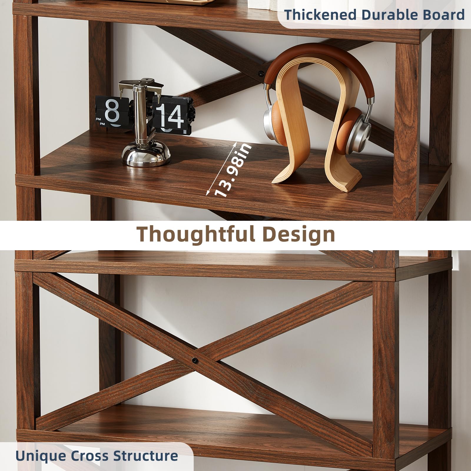 Wood bookcase shelf frame with diagonal cross braces under open shelving