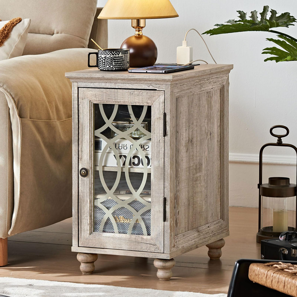 Light grey wood bedside end table with glass cabinet door and top charging outlet cords