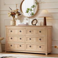 Natural wood 6-drawer dresser with black knobs and paneled drawer fronts