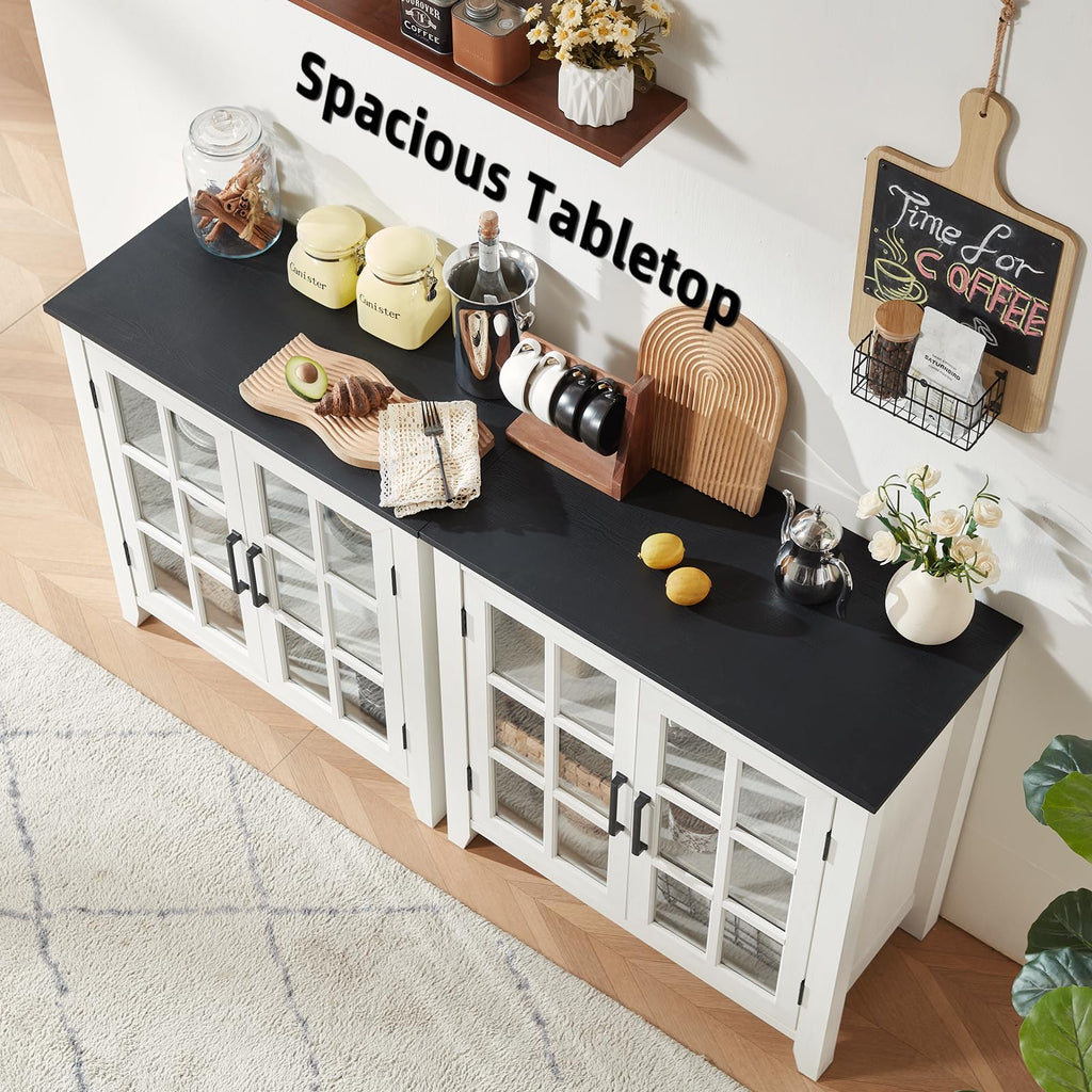 White sideboard cabinet with black tabletop and open lattice doors on lower storage