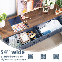 Blue dresser with multiple open drawers and round knobs, interior storage space visible