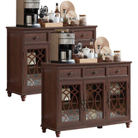 Farmhouse sideboard cabinet in dark wood with drawers, hinged doors, and glass panels