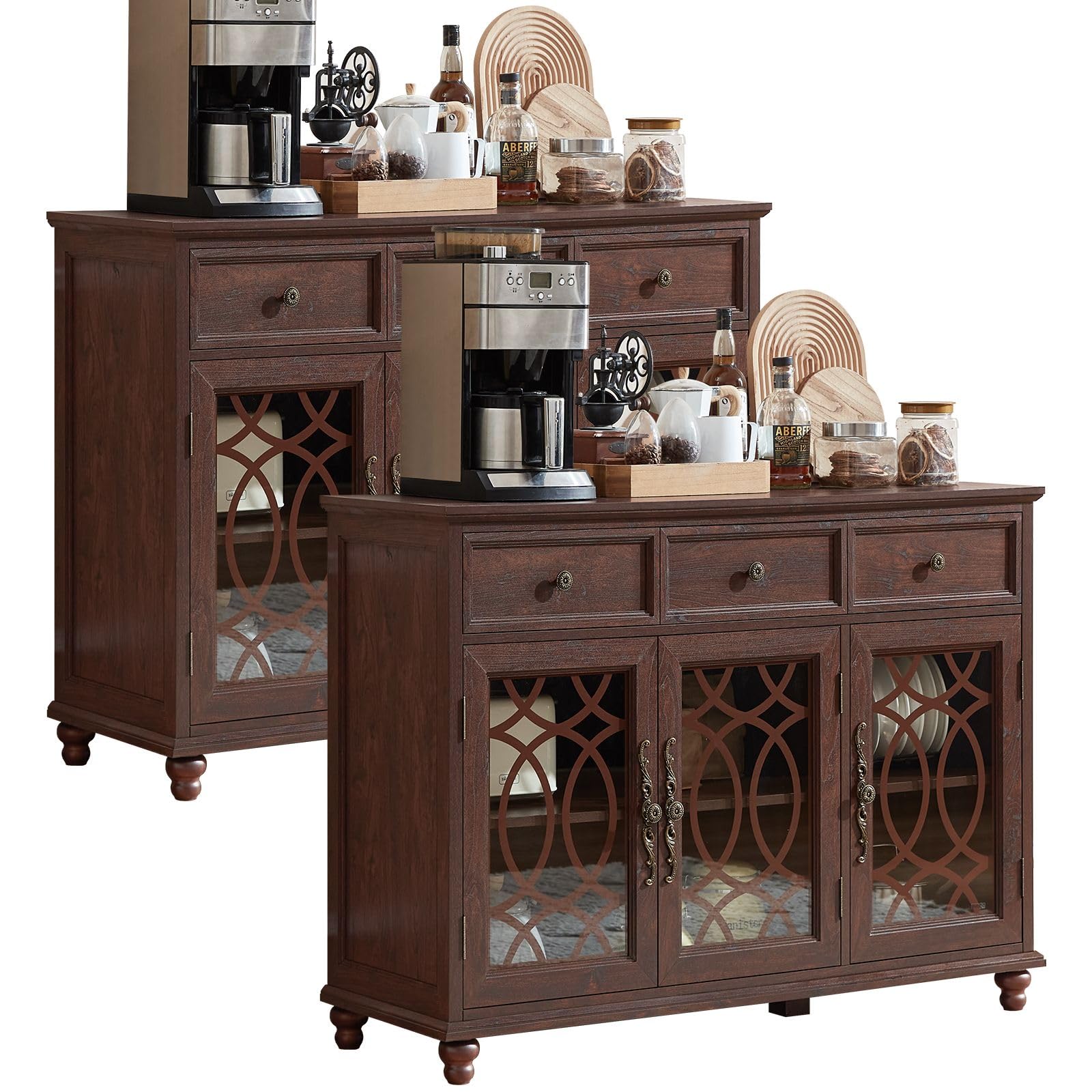 Farmhouse sideboard cabinet with 4 glass doors and 2 drawers, walnut brown finish, bun feet