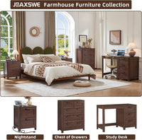 Walnut chest of drawers shown with multiple drawer fronts in a farmhouse bedroom
