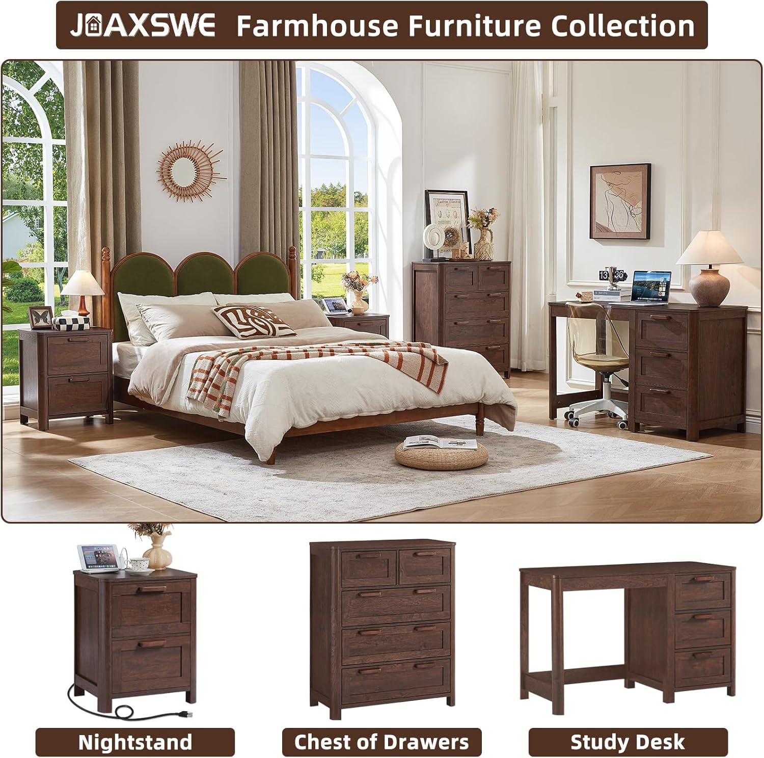 Walnut chest of drawers shown with multiple drawer fronts in a farmhouse bedroom