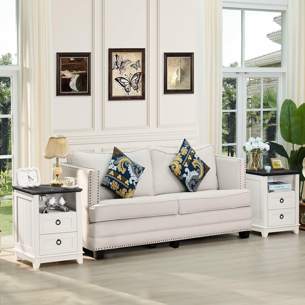 White farmhouse nightstand set, matching end tables with dark top and drawers