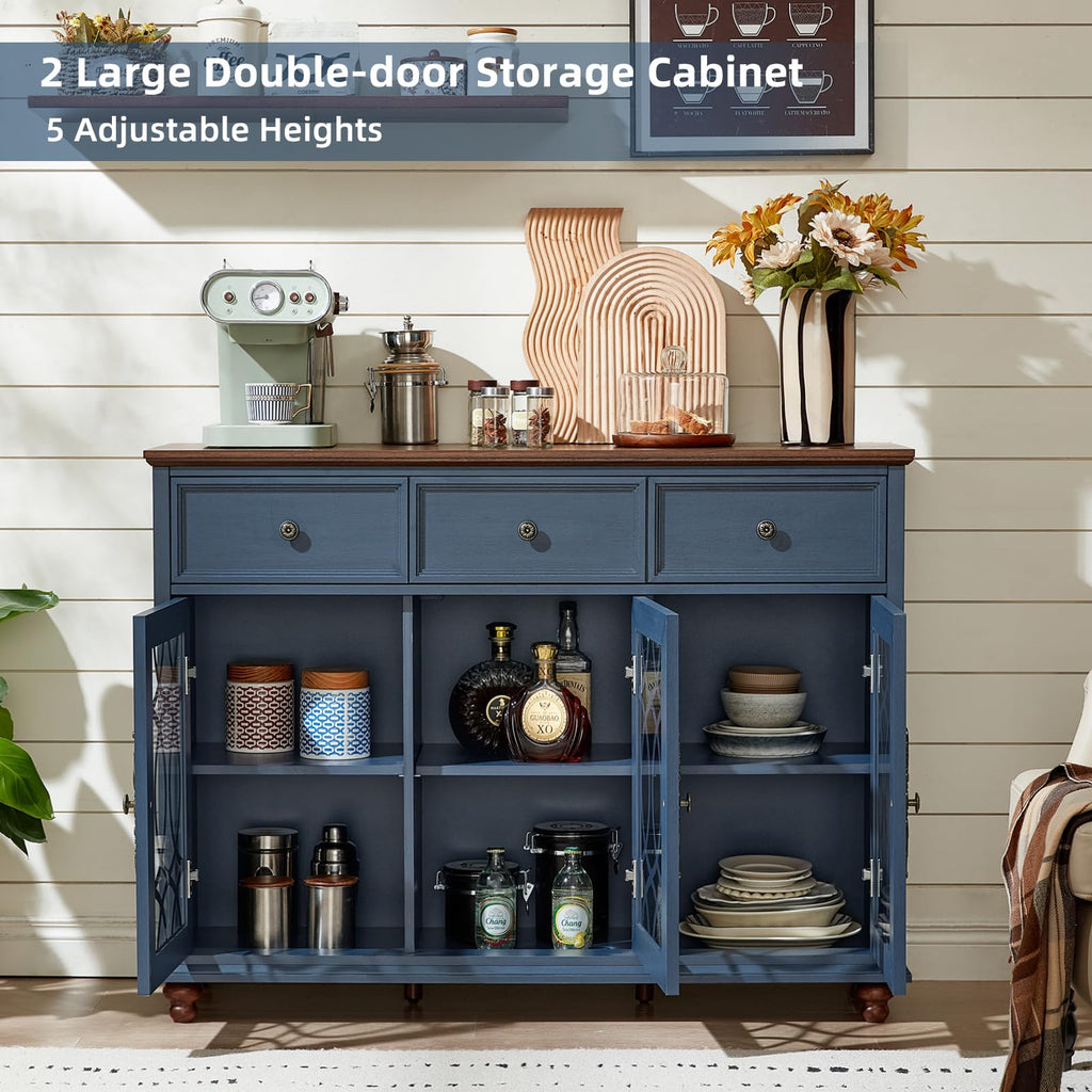 Blue farmhouse sideboard cabinet with two drawers and open glass-door storage