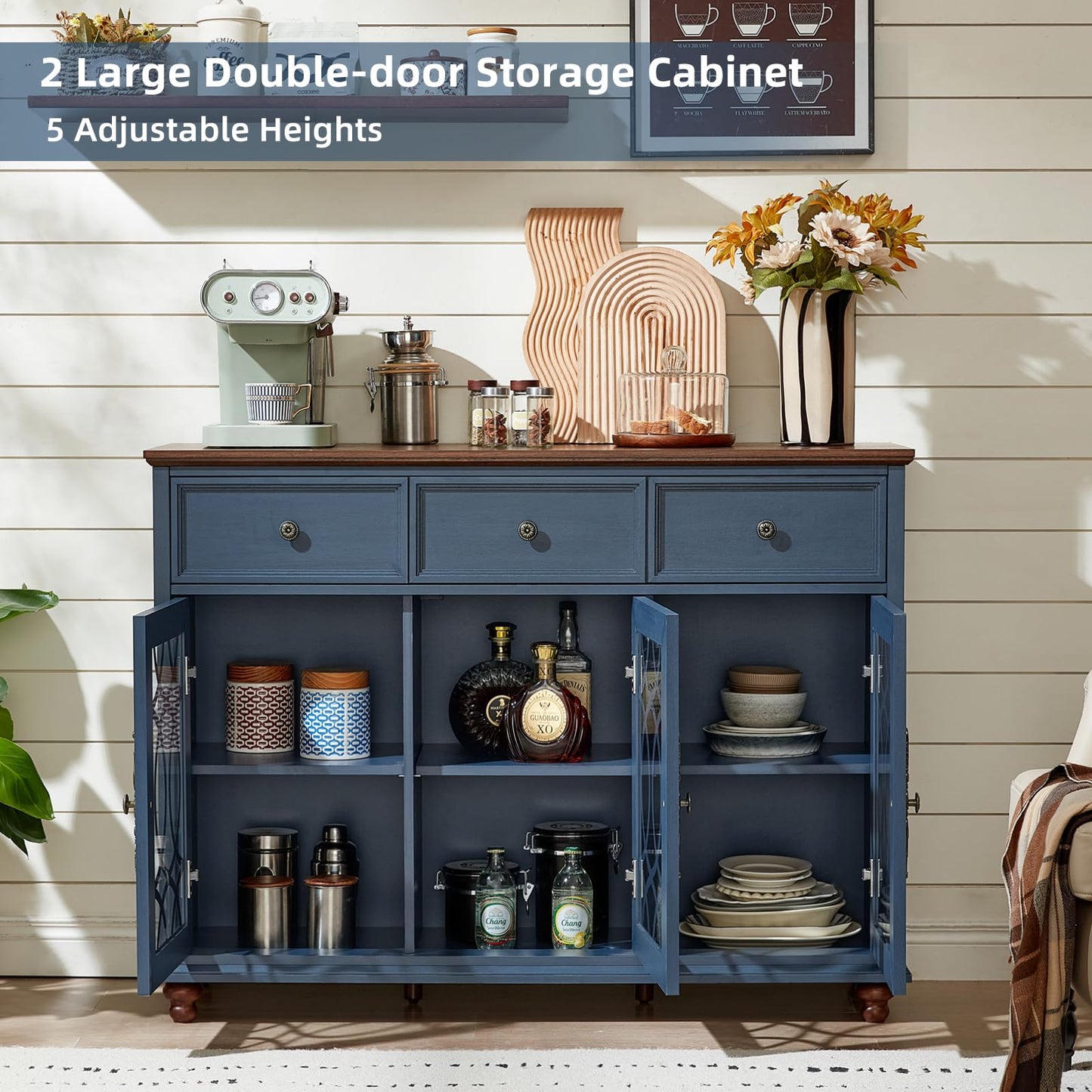 Blue double-door storage cabinet with three drawers and open shelving, adjustable heights
