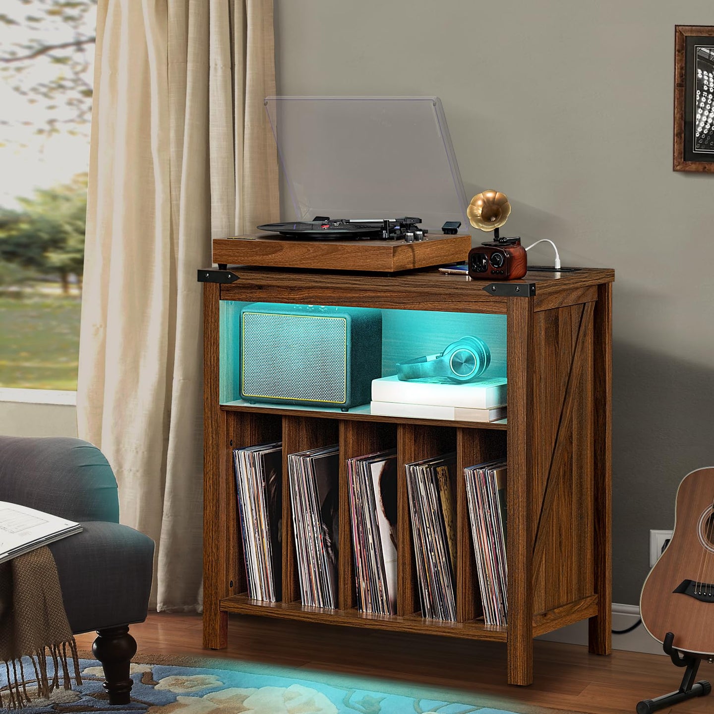 Brown wood record player stand cabinet with LED shelf and vinyl record storage