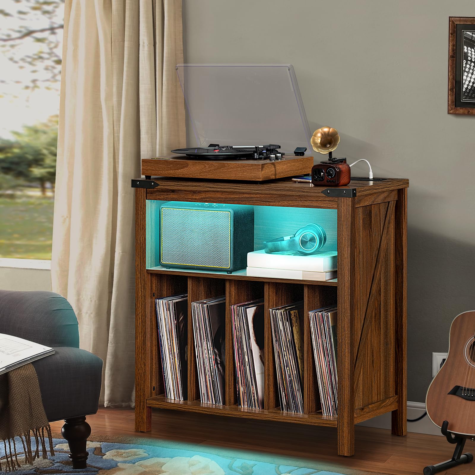Brown record player stand with open storage for vinyl records and blue LED display