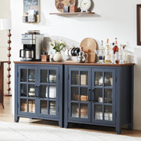 Blue sideboard cabinet with glass doors and built-in storage shelves behind