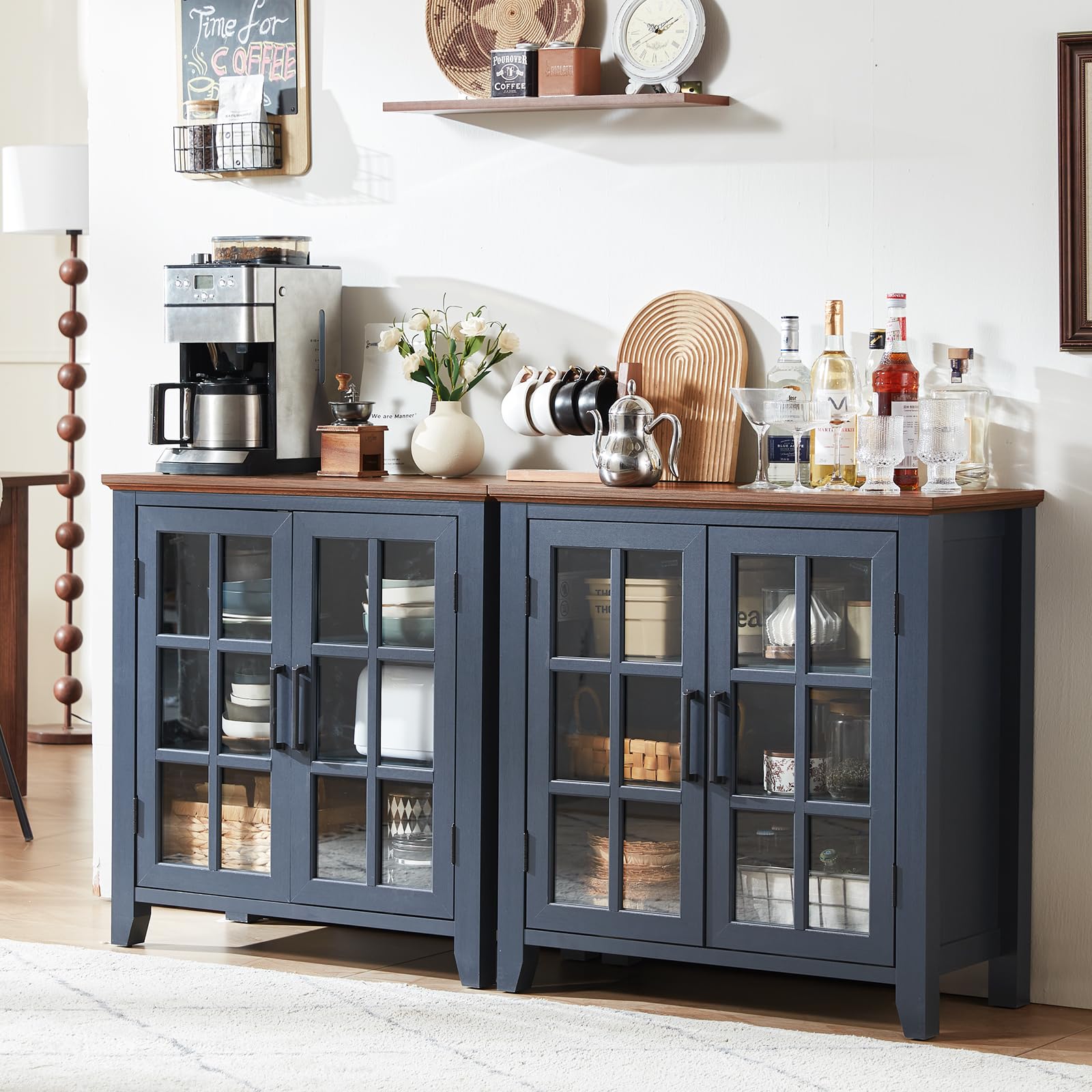 Farmhouse sideboard cabinet with four glass doors, blue finish, and enclosed cabinet storage
