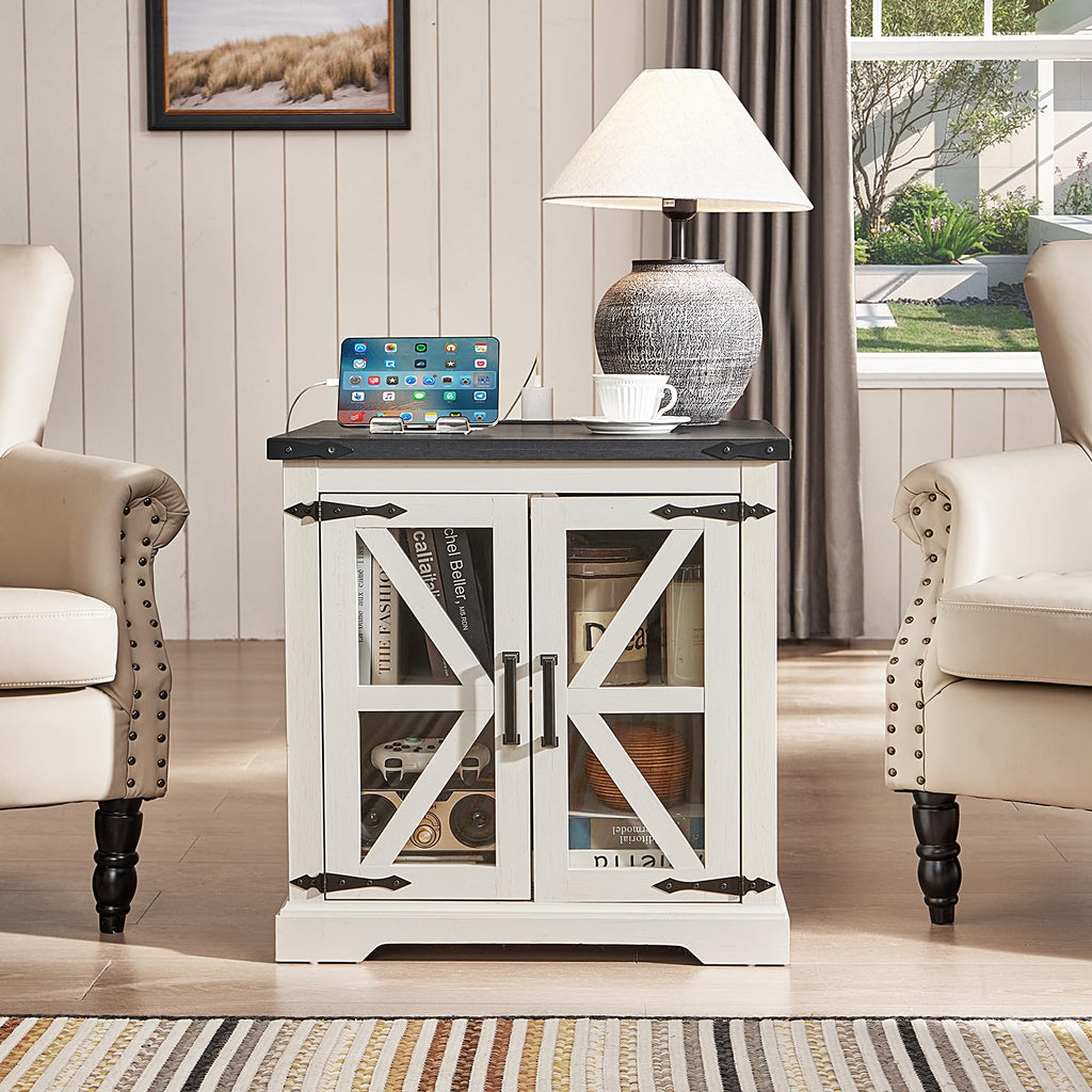 White nightstand with cabinet door, X-style braces, open shelf, flat top