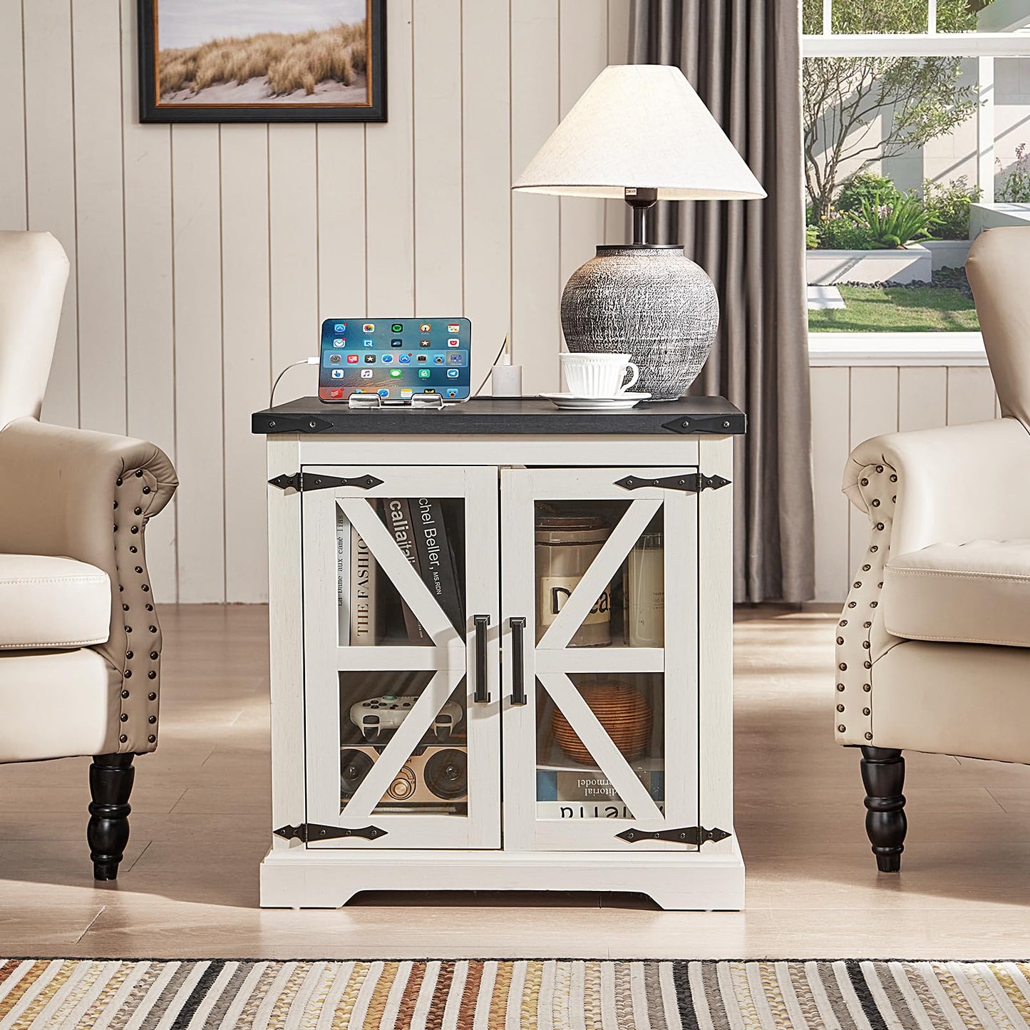 White nightstand with cabinet door, X-style braces, open shelf, flat top
