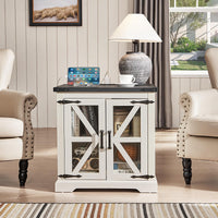 White nightstand with cabinet door, X-style braces, open shelf, flat top